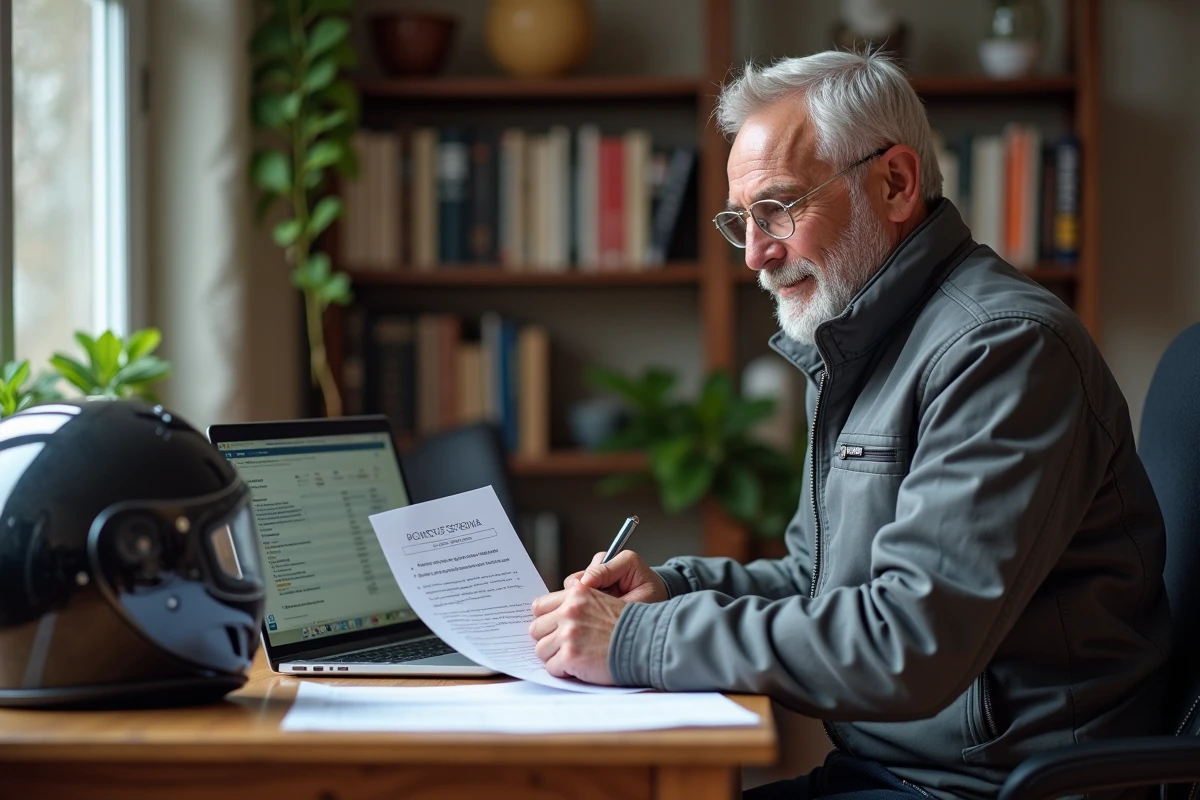 Motard consultant son contrat d'assurance pour une CB 900 Boldor sur ordinateur portable à domicile