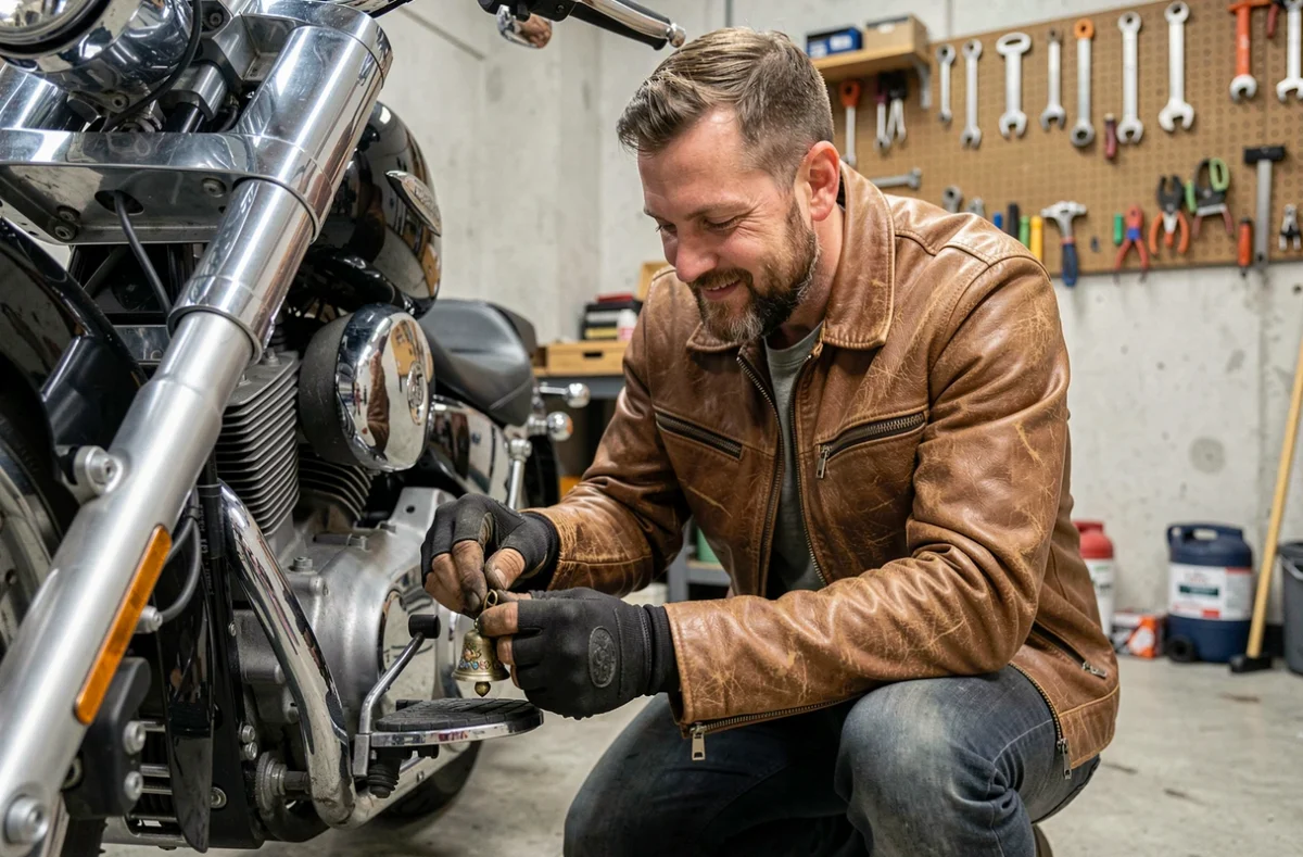 Motard barbu en veste de cuir accrochant une guardian bell sur sa moto dans un garage urbain