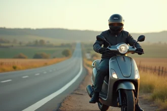 Homme en moto scooter sur route rurale en campagne