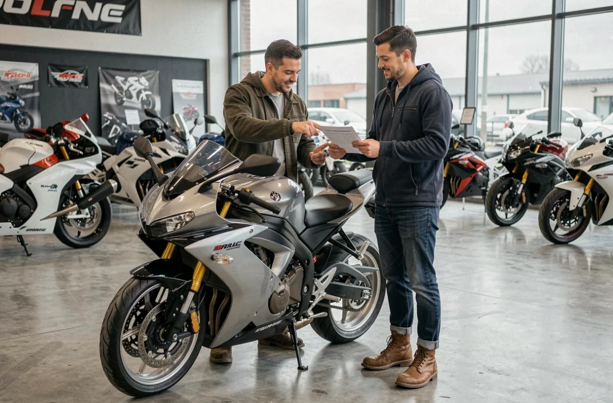 Deux motards comparant un document d'assurance moto dans une concession, cherchant la meilleure garantie au meilleur prix