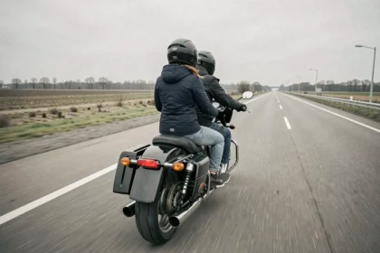 Couple à moto sur autoroute, passagère confortable en équipement textile sur une grande routière