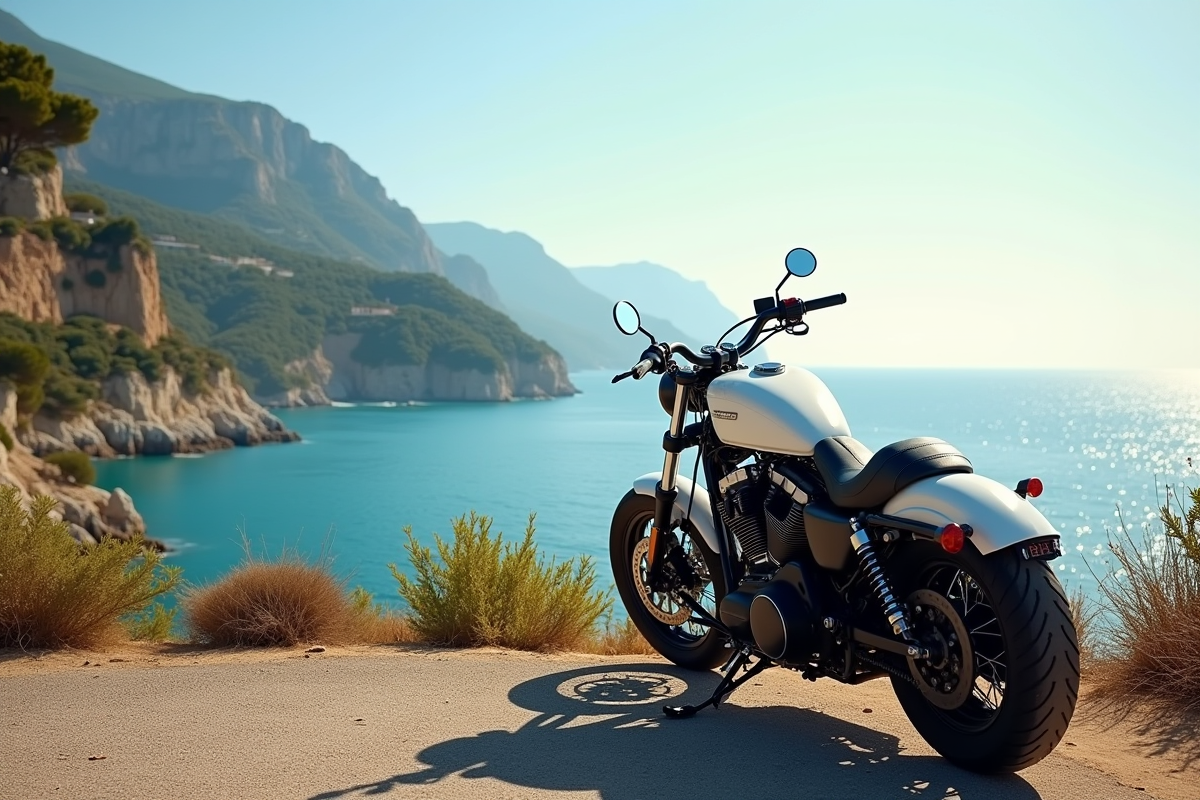 Moto cruiser garée avec vue sur la mer turquoise de la Côte d