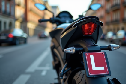 Moto moderne avec plaque L en ville en plein jour