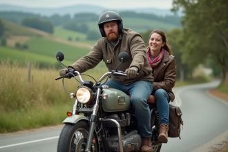 Homme avec casque et femme souriante en moto vintage