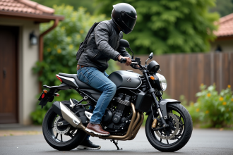 Homme en moto démontrant le pied sur le support