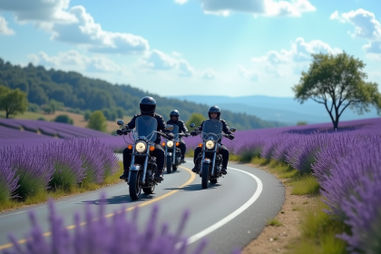 Groupe de motards sur une route en Provence sous un ciel bleu