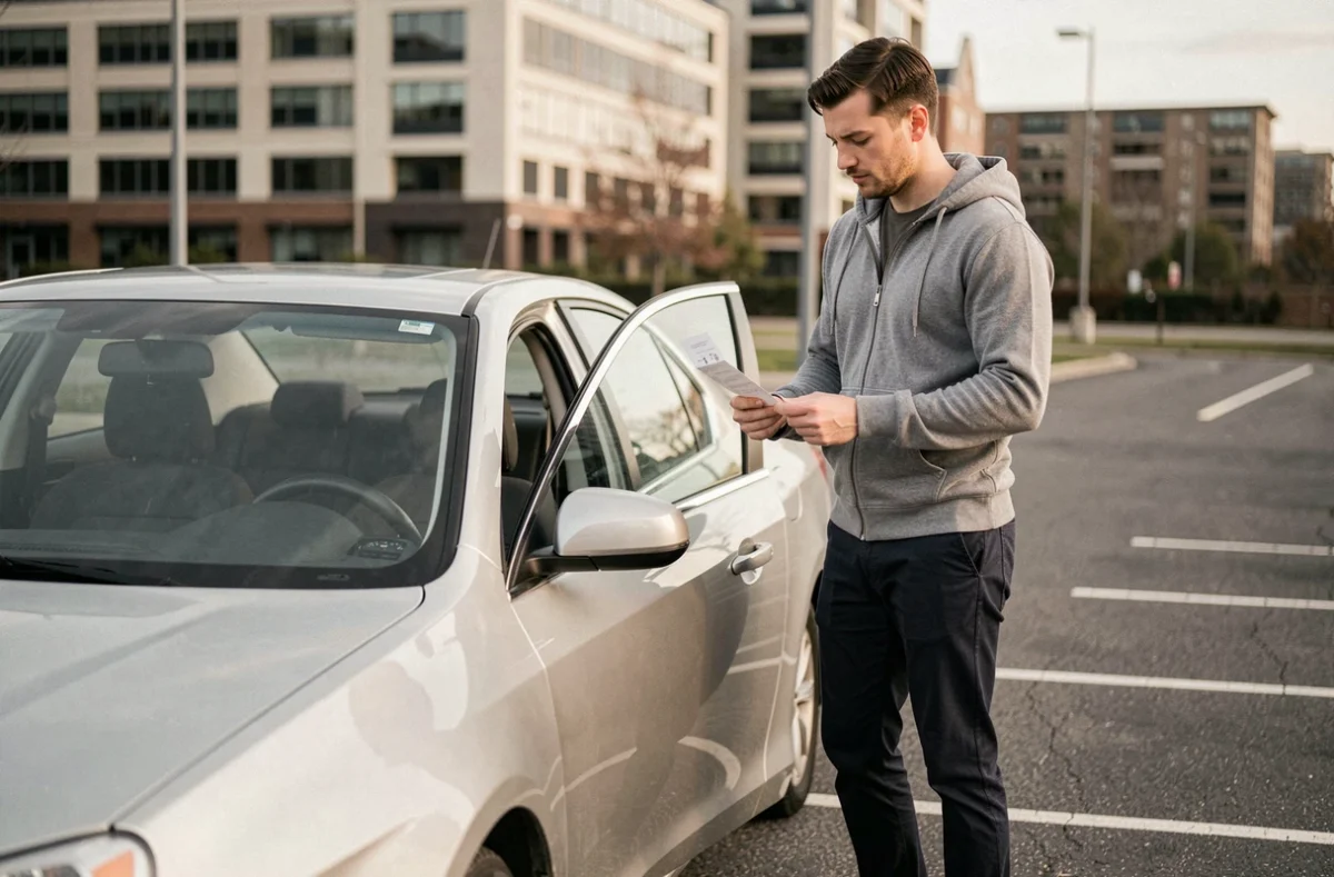 Homme vérifiant le coût de son trajet voiture avec un ticket de carburant dans un parking d'entreprise