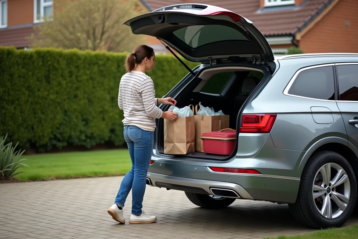 Femme organisant des courses dans le coffre d