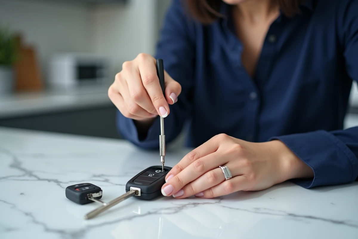 Femme ouvrant le boîtier de la clé Clio 4 avec un tournevis plat pour remplacer la pile sur un plan de travail en marbre