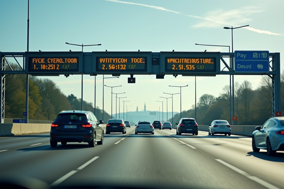 Péage autoroute avec voitures et affichage du prix au km