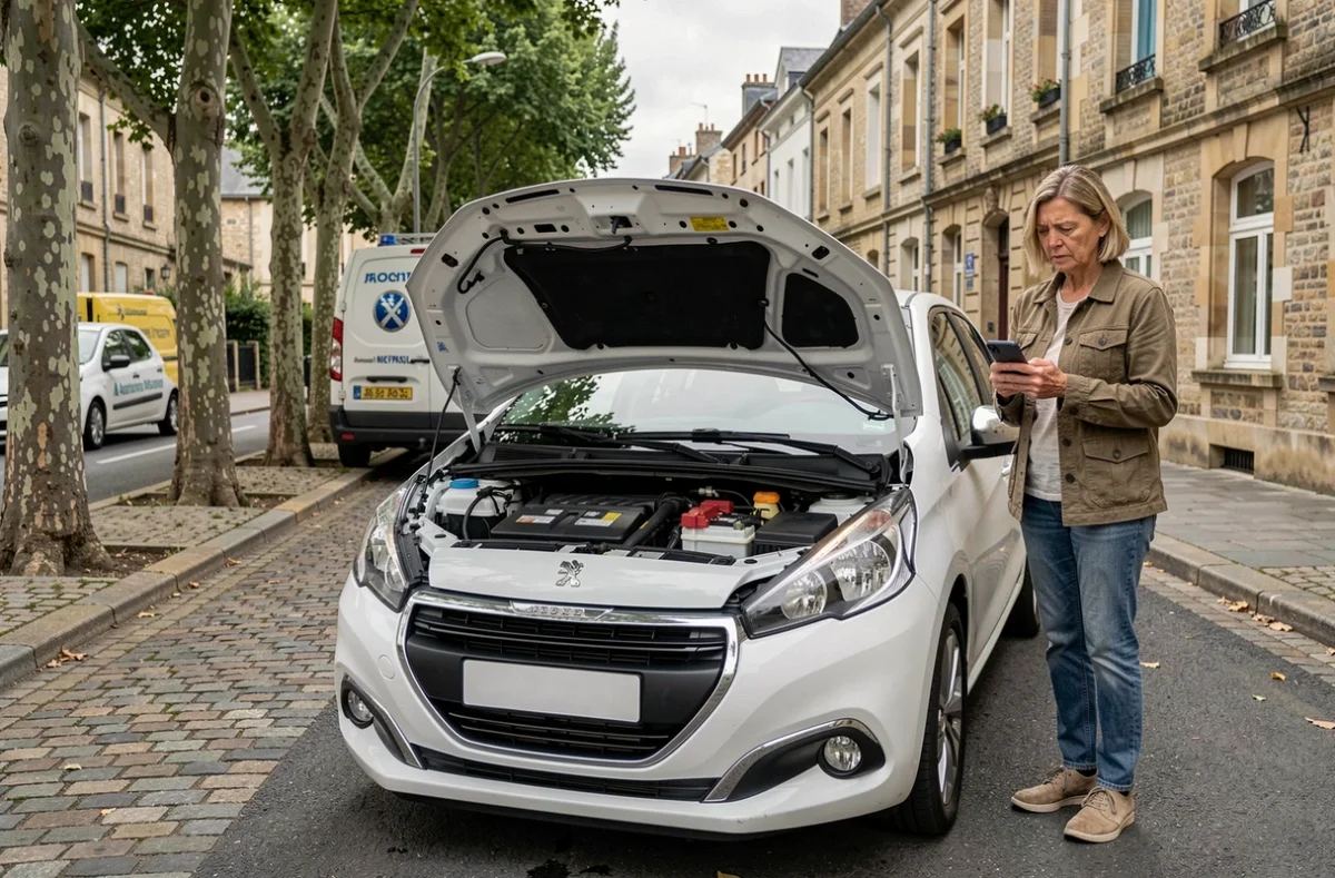 Femme appelant une assistance à côté de sa Peugeot 208 en panne avec le capot ouvert révélant le BPGA défaillant