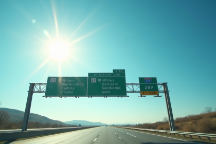 Panneau de route américain en plein soleil avec distances en miles