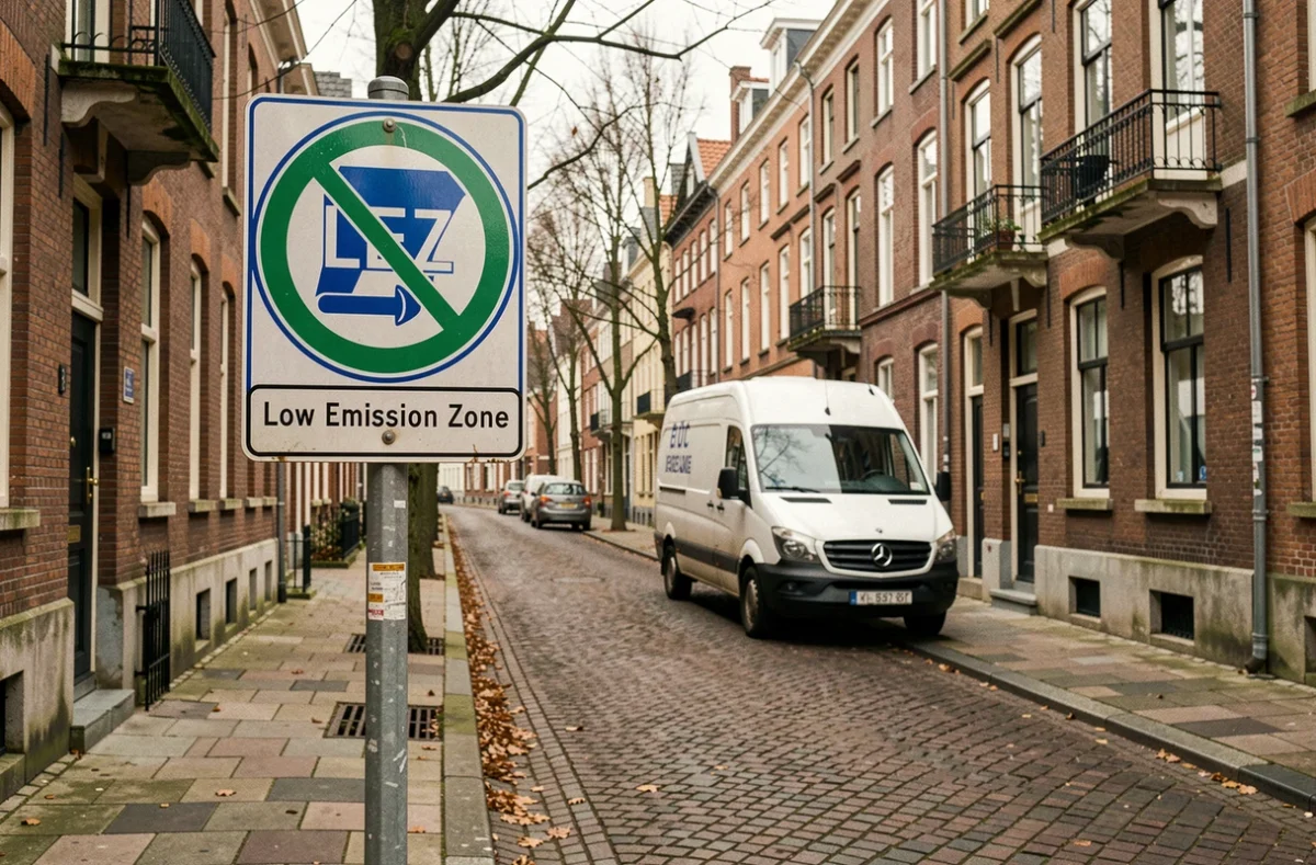 Panneau de zone de basses émissions LEZ à l'entrée d'une rue pavée résidentielle de Bruxelles