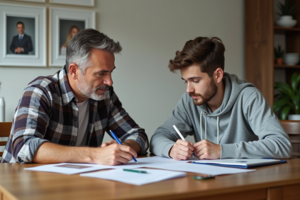 Père et fils examinant des documents d'assurance auto à la maison