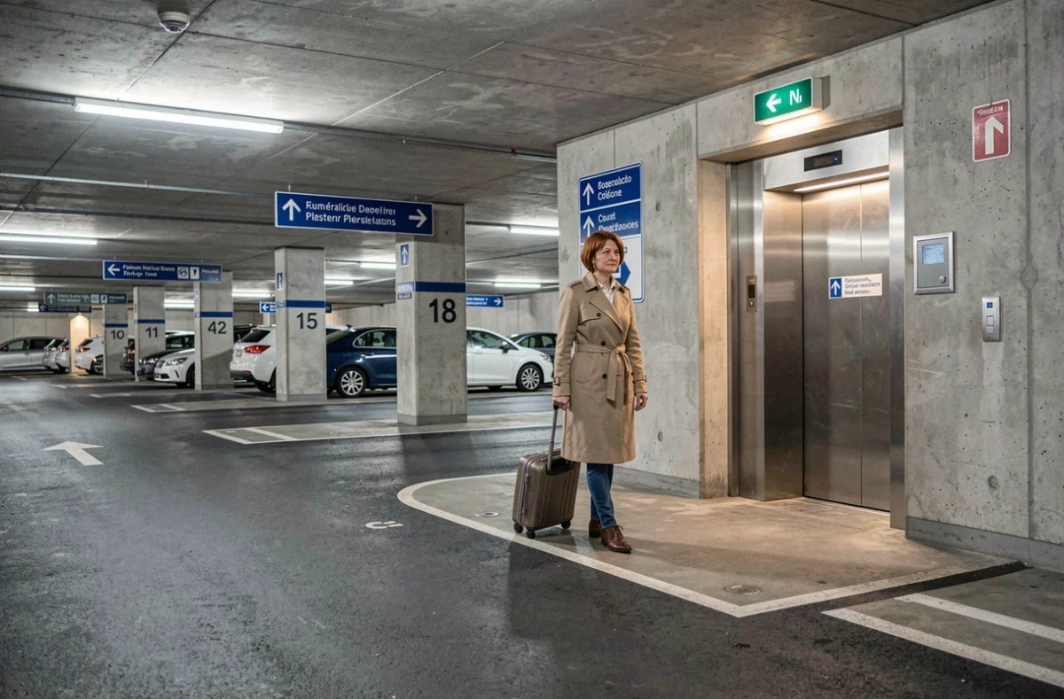 Femme dans un parking souterrain du centre de Bruxelles avec une valise, signalétique en français visible
