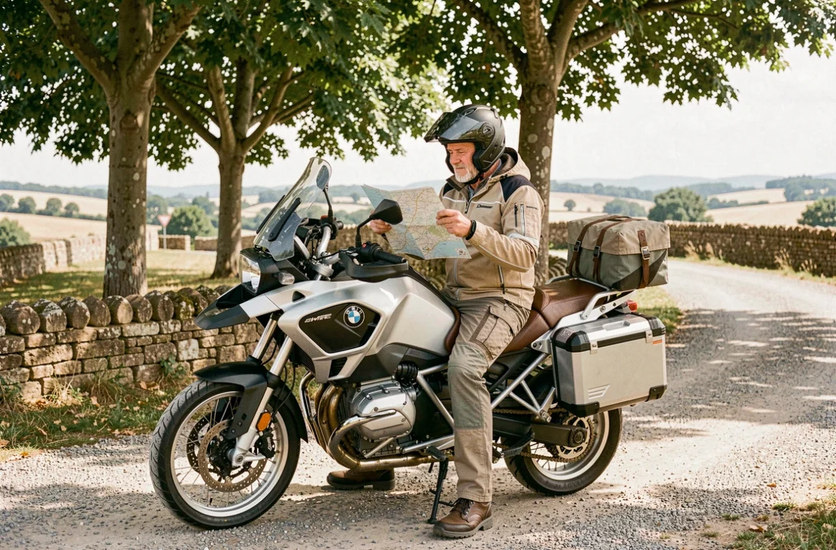 Passager moto en pause sur une nationale française, équipement touring et carte routière