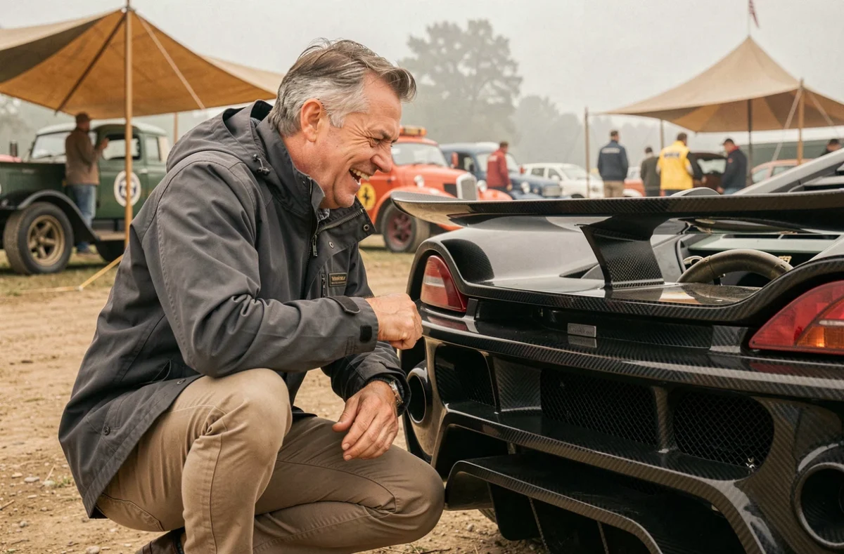 Passionné automobile admirant le diffuseur arrière d'une McLaren F1 lors d'un événement de motorsport historique en paddock