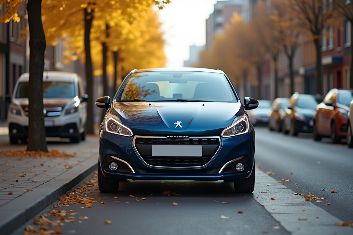 Voiture Peugeot 208 stationnee en ville en plein jour
