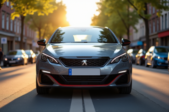 Peugeot 308 GTI stationnée en ville en plein jour