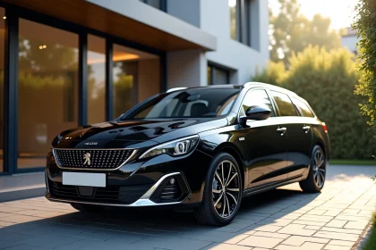 Peugeot 408 neuve stationnée dans une allée urbaine élégante