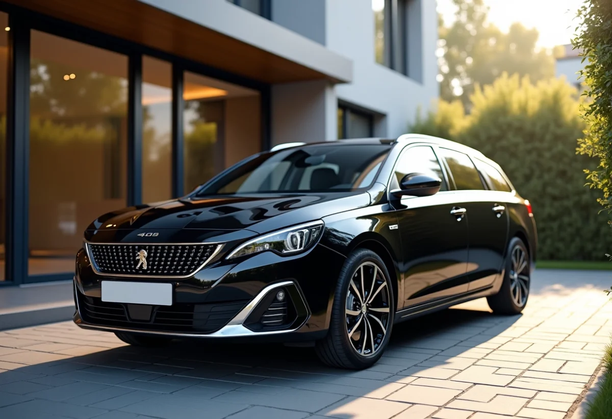 Peugeot 408 neuve stationnée dans une allée urbaine élégante