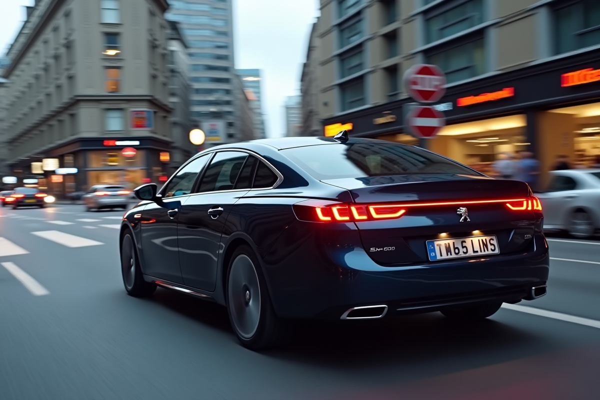 Peugeot 508 PSE en conduite urbaine avec feux LED activés