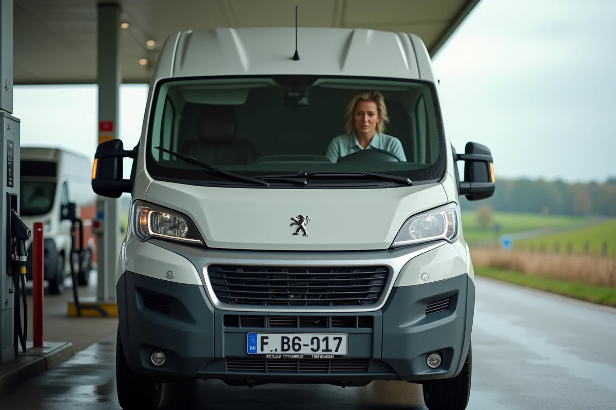 Peugeot Expert diesel en train d'être ravitaillé sur une aire d'autoroute française illustrant l'usage professionnel du véhicule