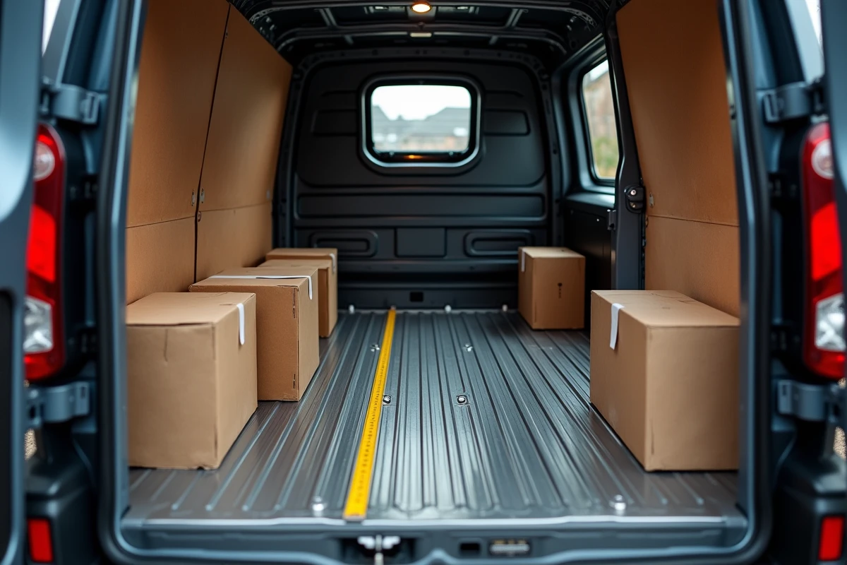 Espace de chargement intérieur du Peugeot Expert avec mesure de la longueur utilitaire et cartons empilés