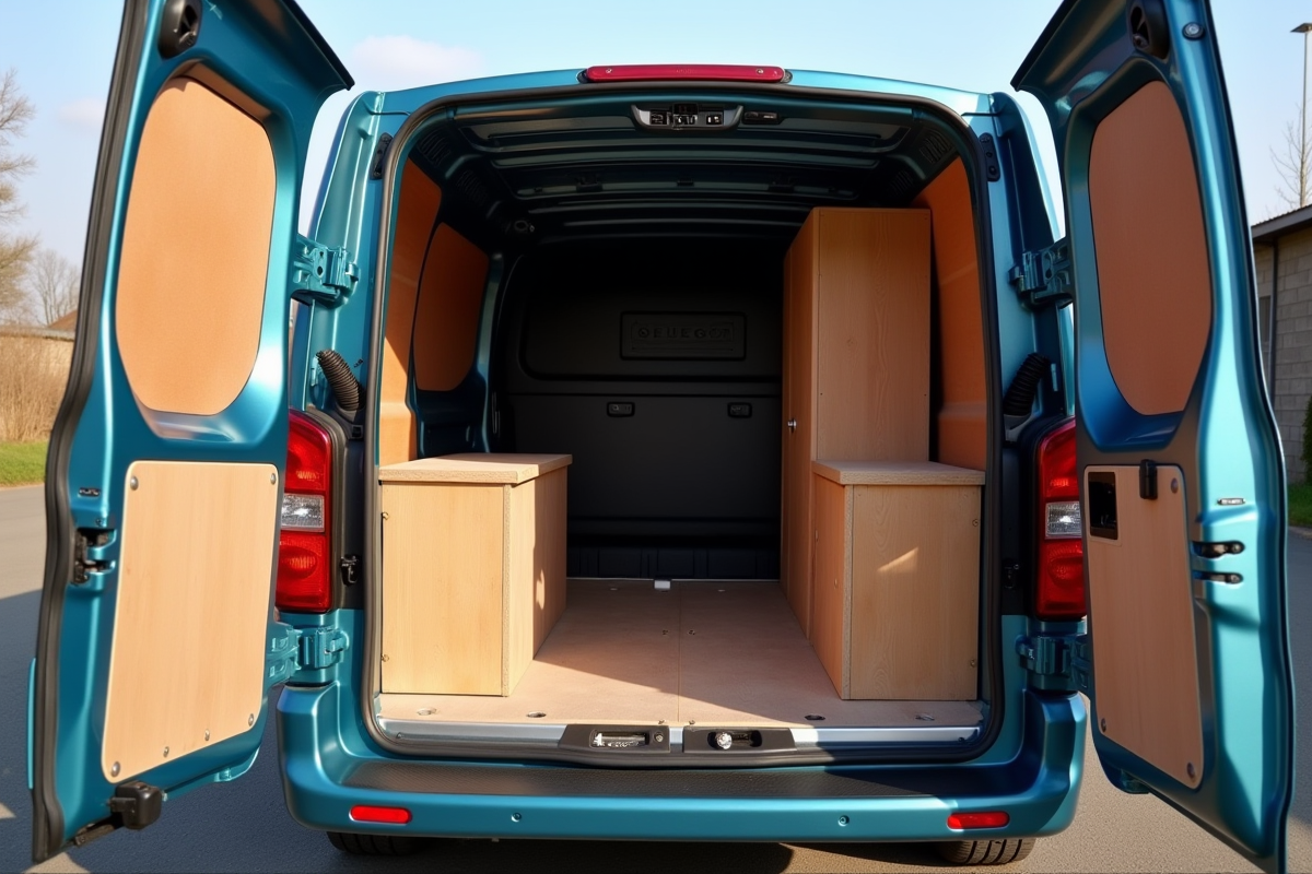 Peugeot Expert garé avec rangement en bois mal installé