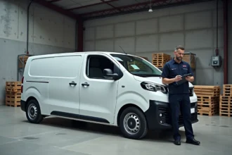 Peugeot Expert en version longue garé devant un entrepôt logistique urbain avec un livreur consultant son planning