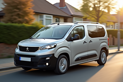 Voiture Peugeot Partner Tepee argentée stationnée dans une rue résidentielle