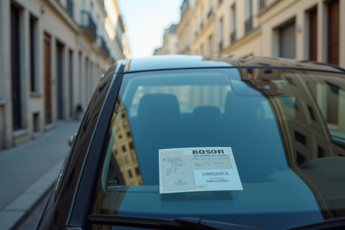 Voiture Peugeot garée dans une rue parisienne avec documents visibles