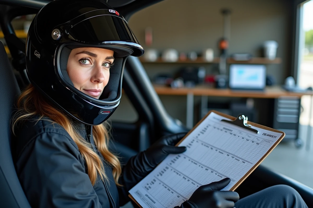Pilote féminine en combinaison analysant ses données de télémétrie dans le stand d'un circuit de stage de conduite