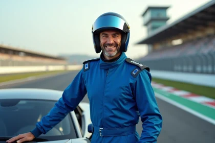 Homme en combinaison de course avec voiture sur circuit