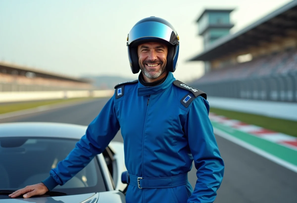 Homme en combinaison de course avec voiture sur circuit