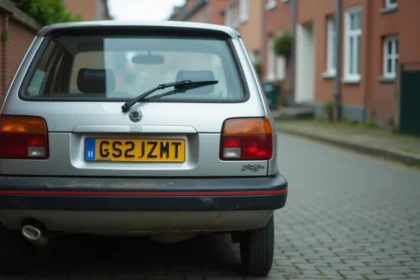 Plaque d'immatriculation belge sur une voiture garée dans une rue résidentielle, format belge rouge et jaune visible