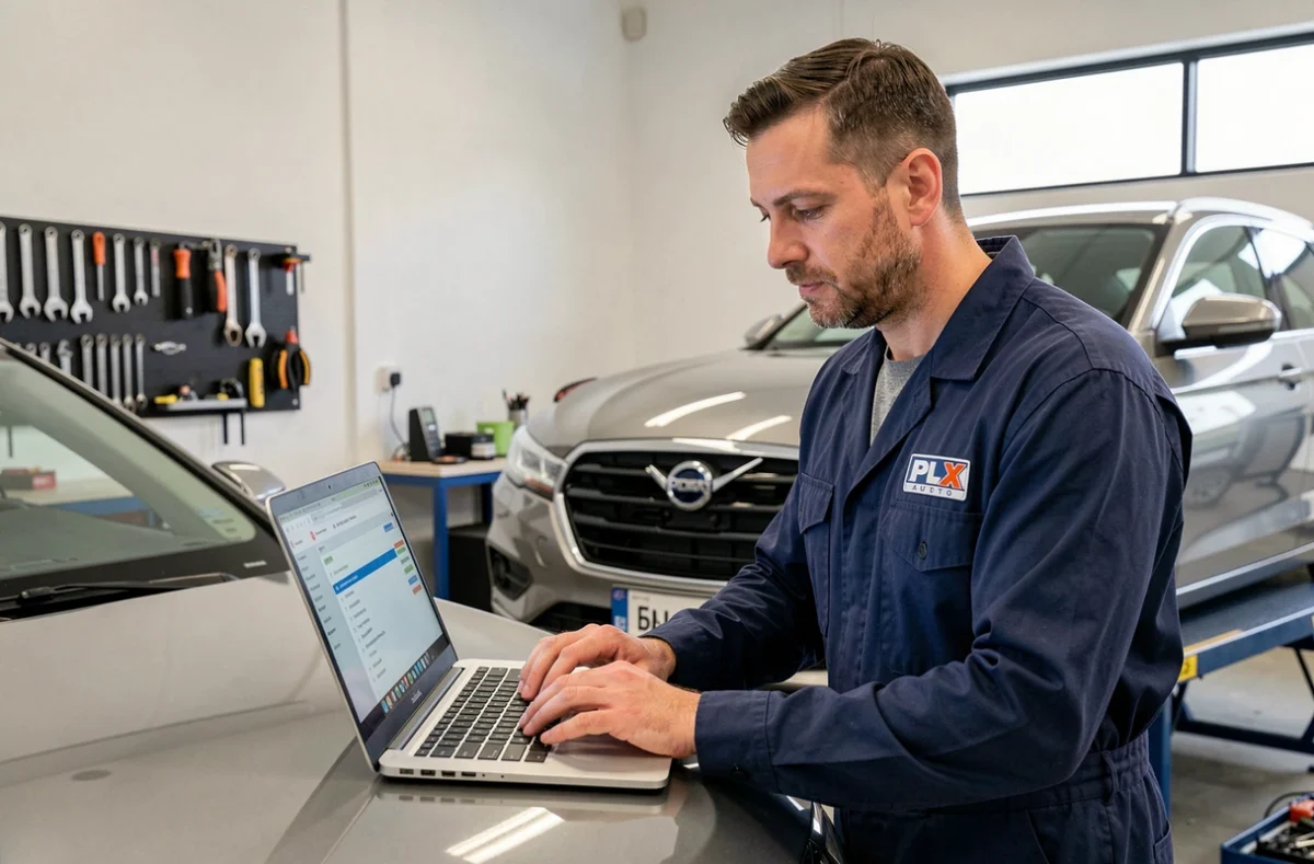 Mécanicien PLX Auto réalisant un diagnostic électronique sur une berline moderne avec un outil informatique