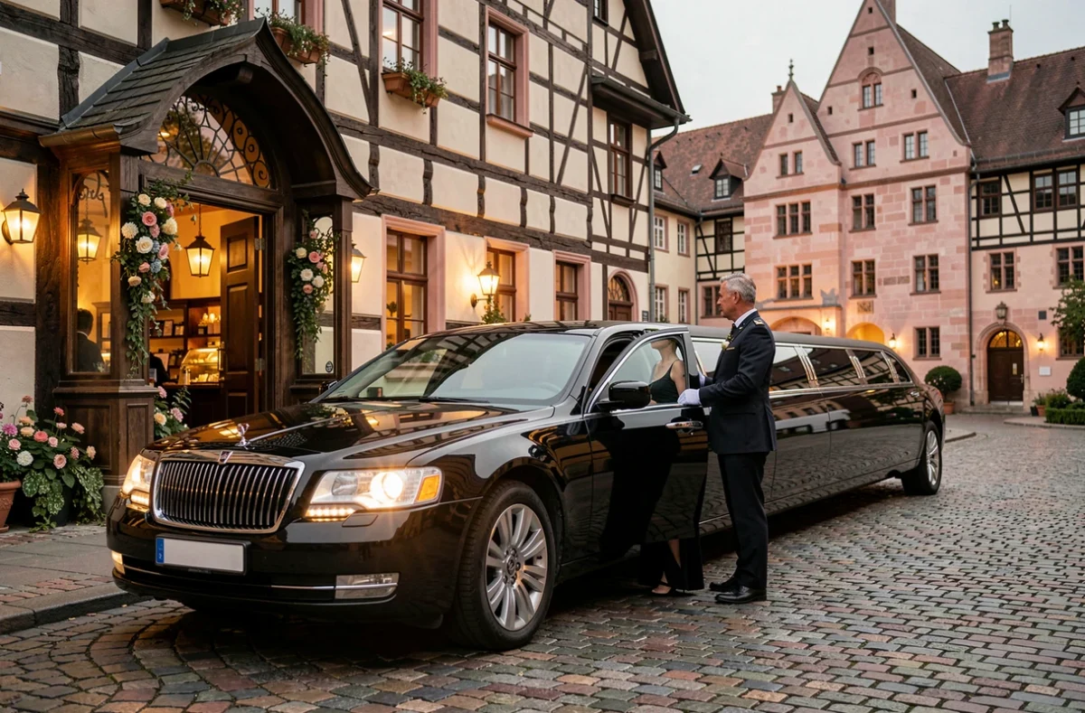 Chauffeur en uniforme ouvrant la portière d'une limousine noire devant un château alsacien pour un événement