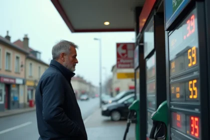 Homme lisant les prix du carburant dans une station-service de Roanne, comparant les tarifs de l'essence