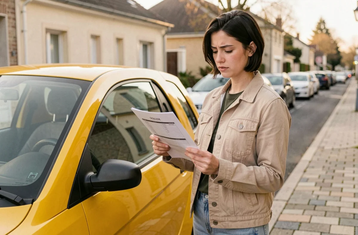 Jeune femme consultant un document de contrôle technique à côté de sa voiture sans permis
