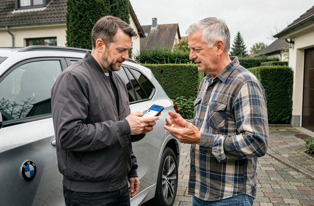 Deux propriétaires BMW discutant de l'application ConnectedDrive sur smartphone devant un SUV BMW garé dans un quartier résidentiel
