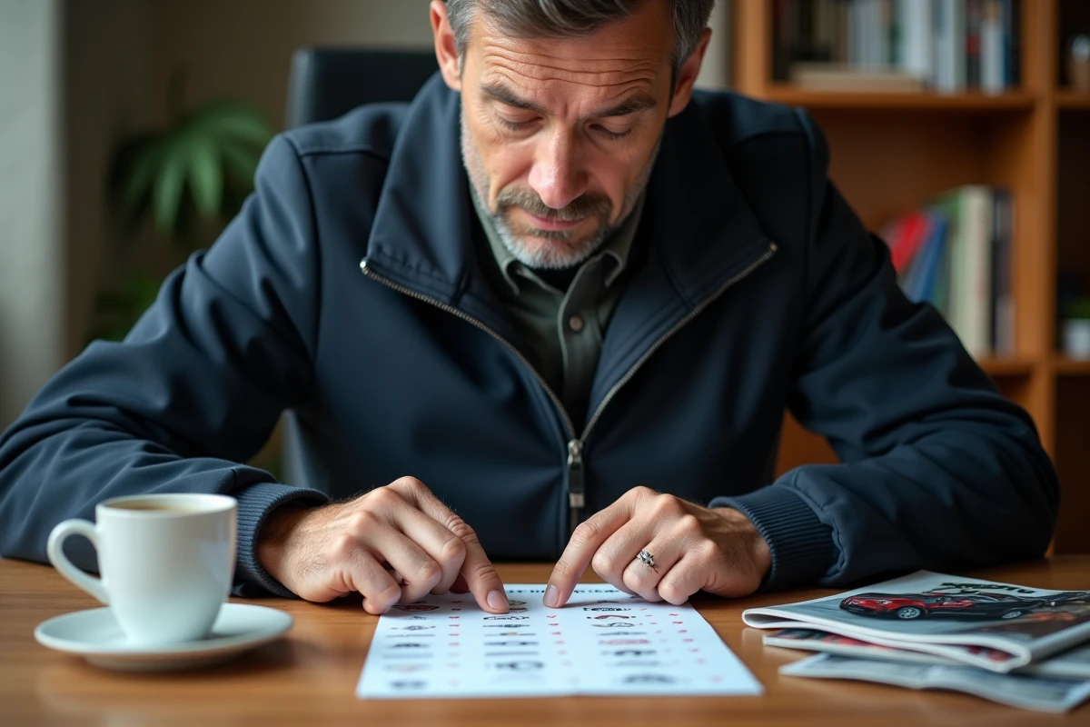 Homme consultant une fiche de quiz automobile avec des logos de marques de voitures dont une commençant par X