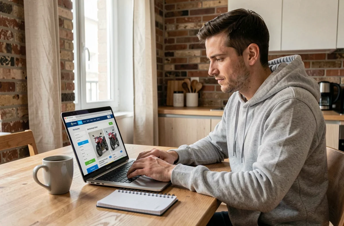 Jeune homme recherchant une assurance moto avantageuse sur internet depuis son appartement toulousain