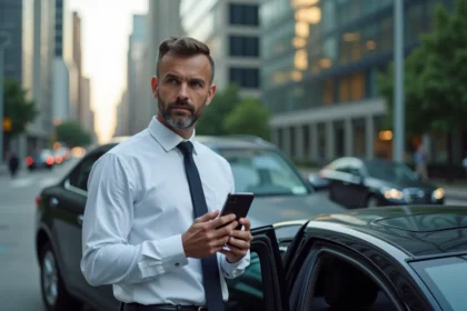 Agent de sécurité reconverti en chauffeur VTC debout près d'une berline noire en ville, tenant un smartphone avec application de covoiturage