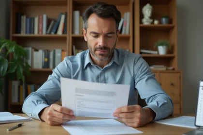 Homme consultant des documents administratifs pour récupérer des points de permis de conduire à son bureau