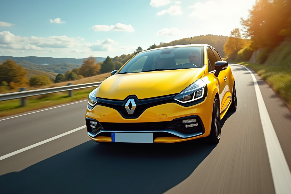Renault Clio 2 RS jaune en conduite sur une route de campagne