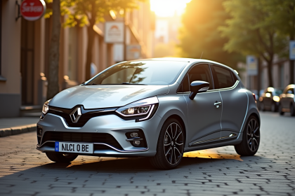 Renault Clio 2 RS argentée sur une rue en ville