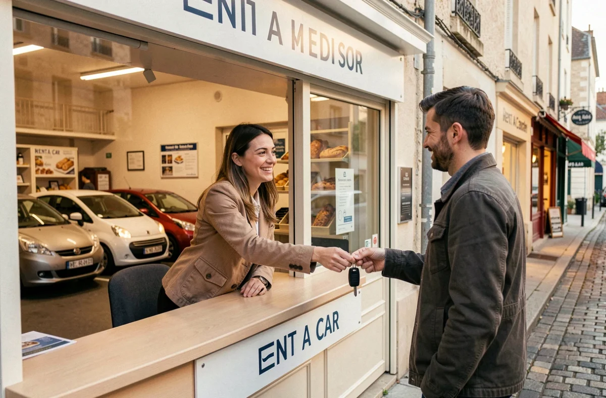 Employée d'une agence Rent a Car de proximité remettant les clés à un client dans une rue de quartier française
