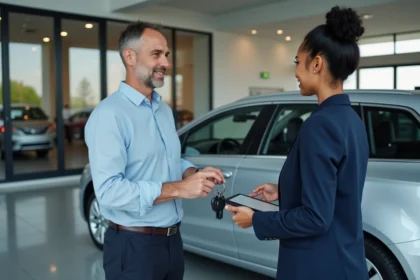 Un homme remet les clés de sa voiture à une conseillère lors d'une reprise chez un concessionnaire automobile