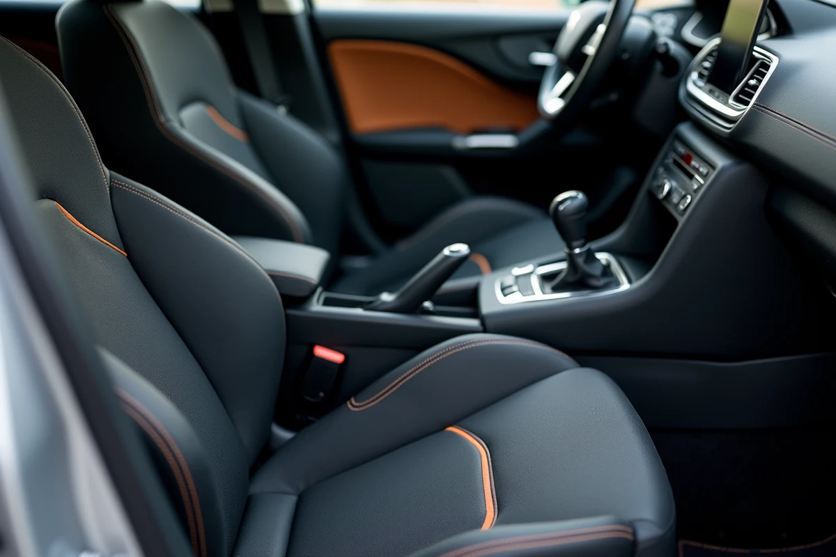 Gros plan sur le siège conducteur de la Peugeot 308 avec le volant et les commandes ergonomiques du tableau de bord